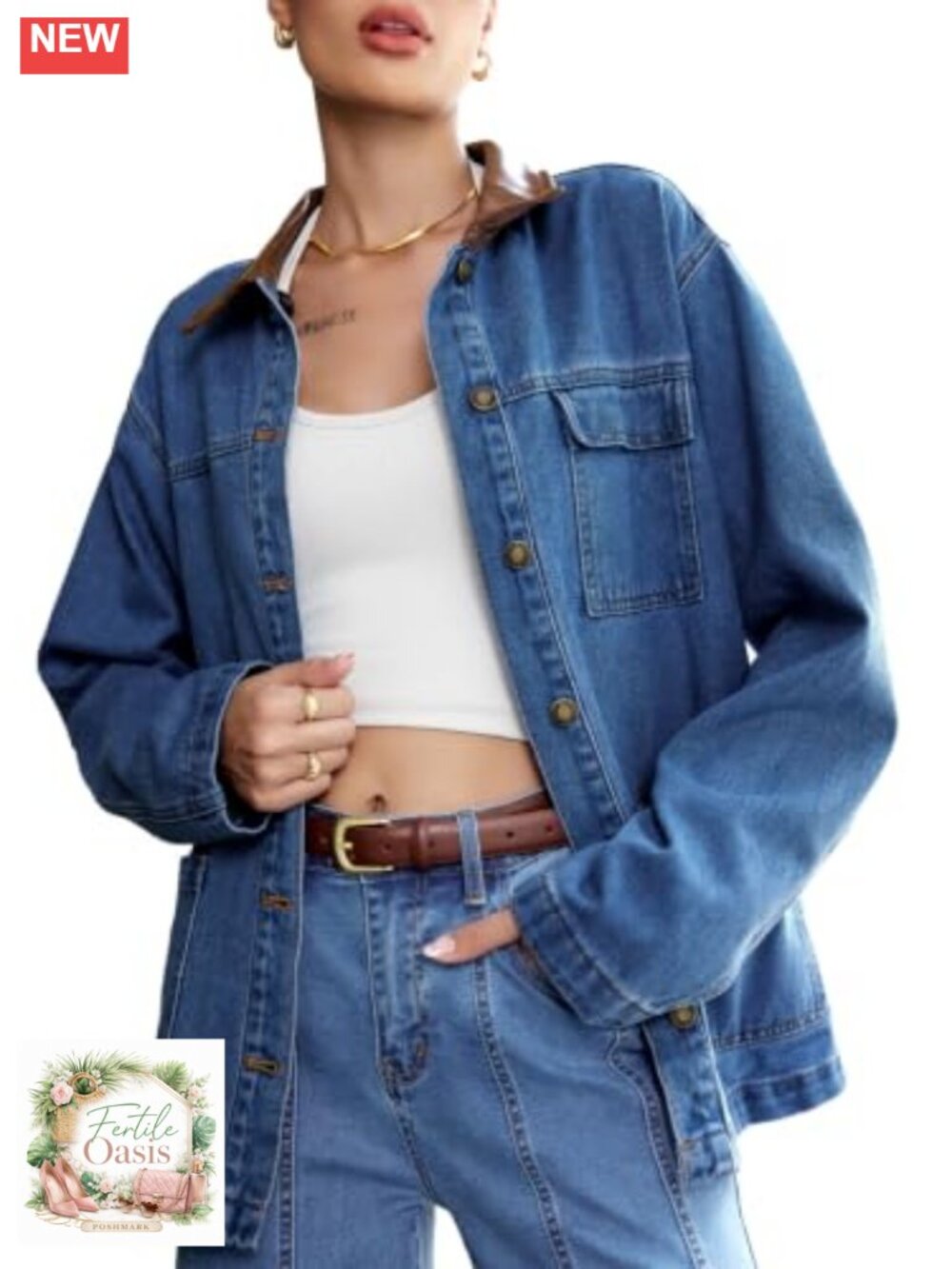 Loose Cotton Blend Denim Jacket with Leather Collar, Button Down Long Sleeve